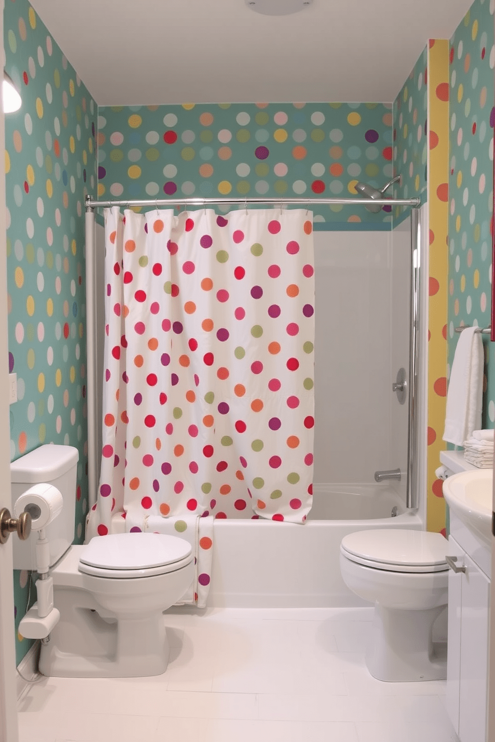 A vibrant bathroom featuring cheerful polka dot wallpaper in assorted bright colors. The playful pattern creates a lively atmosphere, complemented by white fixtures and accessories for a fresh look. A spacious shower area with a glass enclosure showcases a whimsical polka dot shower curtain. The flooring is a soft white tile, enhancing the bright and fun vibe of the space.