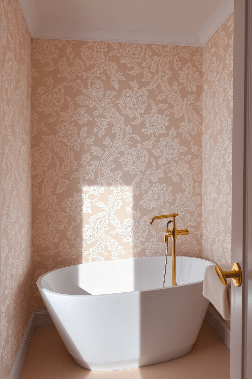 A serene bathroom setting featuring intricate lace designs that create a delicate and elegant atmosphere. The wallpaper showcases a soft pastel color palette with floral patterns intertwined in the lace, enhancing the overall charm of the space. The walls are adorned with the lace-patterned wallpaper, while the fixtures are minimalist and modern. A freestanding bathtub sits against one wall, complemented by a sleek gold faucet that adds a touch of luxury.