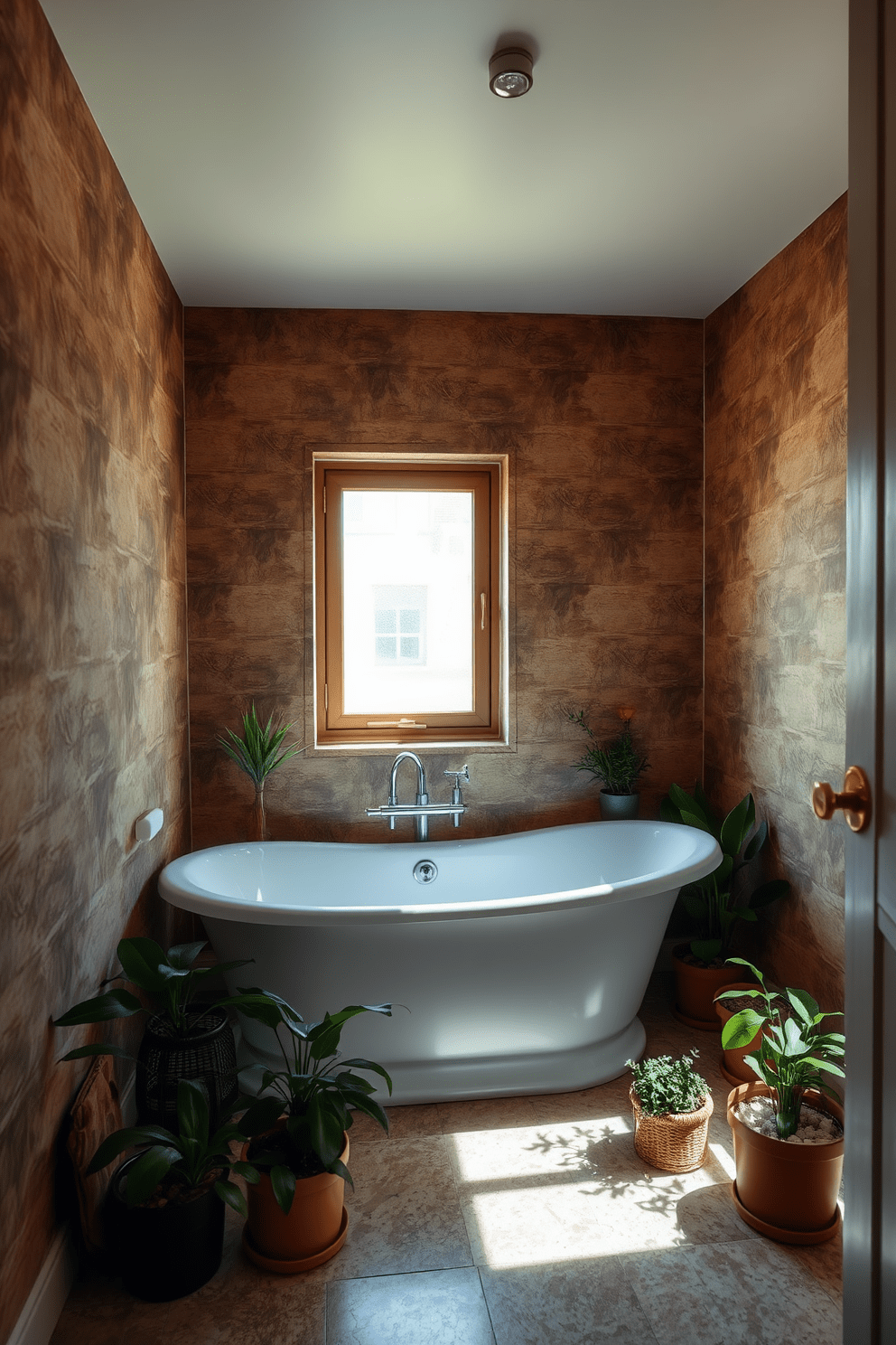 A serene bathroom atmosphere featuring earthy tones that evoke a sense of calm. The walls are adorned with textured wallpaper in soft browns and greens, creating a harmonious backdrop. Natural light filters through a frosted window, illuminating the space with a warm glow. A freestanding bathtub sits against the wallpaper, surrounded by potted plants that enhance the organic feel.