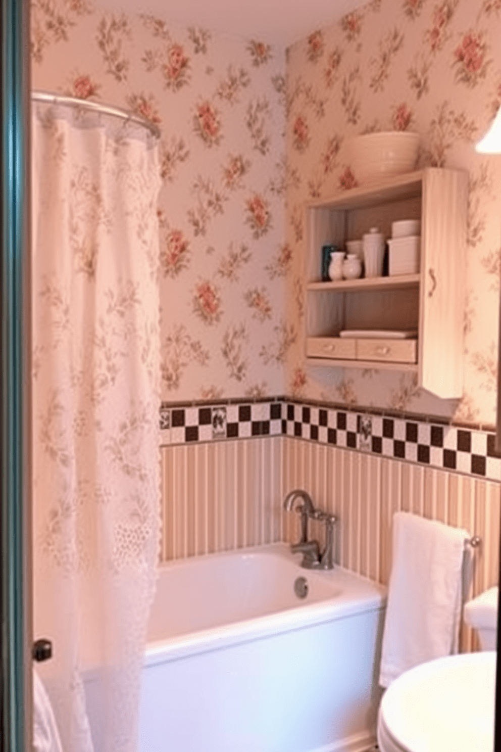 Charming cottage patterns fill the bathroom with warmth and coziness. The wallpaper features delicate floral designs in soft pastel colors, creating a serene and inviting atmosphere. The walls are adorned with a mix of checkered and striped patterns that evoke a rustic charm. Vintage accessories, such as a lace shower curtain and wooden shelving, complement the wallpaper and enhance the cottage feel.