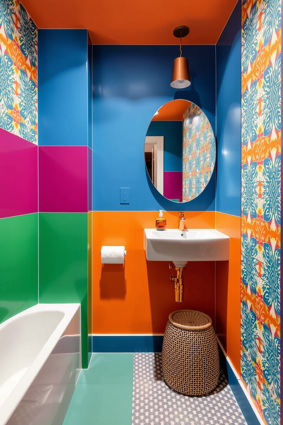 A vibrant bathroom featuring color-blocking designs that create a modern twist. The walls are divided into bold sections of contrasting colors, enhancing the contemporary feel of the space. Stylish wallpaper patterns that add depth and character to the bathroom. The wallpaper features geometric shapes and vibrant hues, making a striking statement while complementing the overall design.