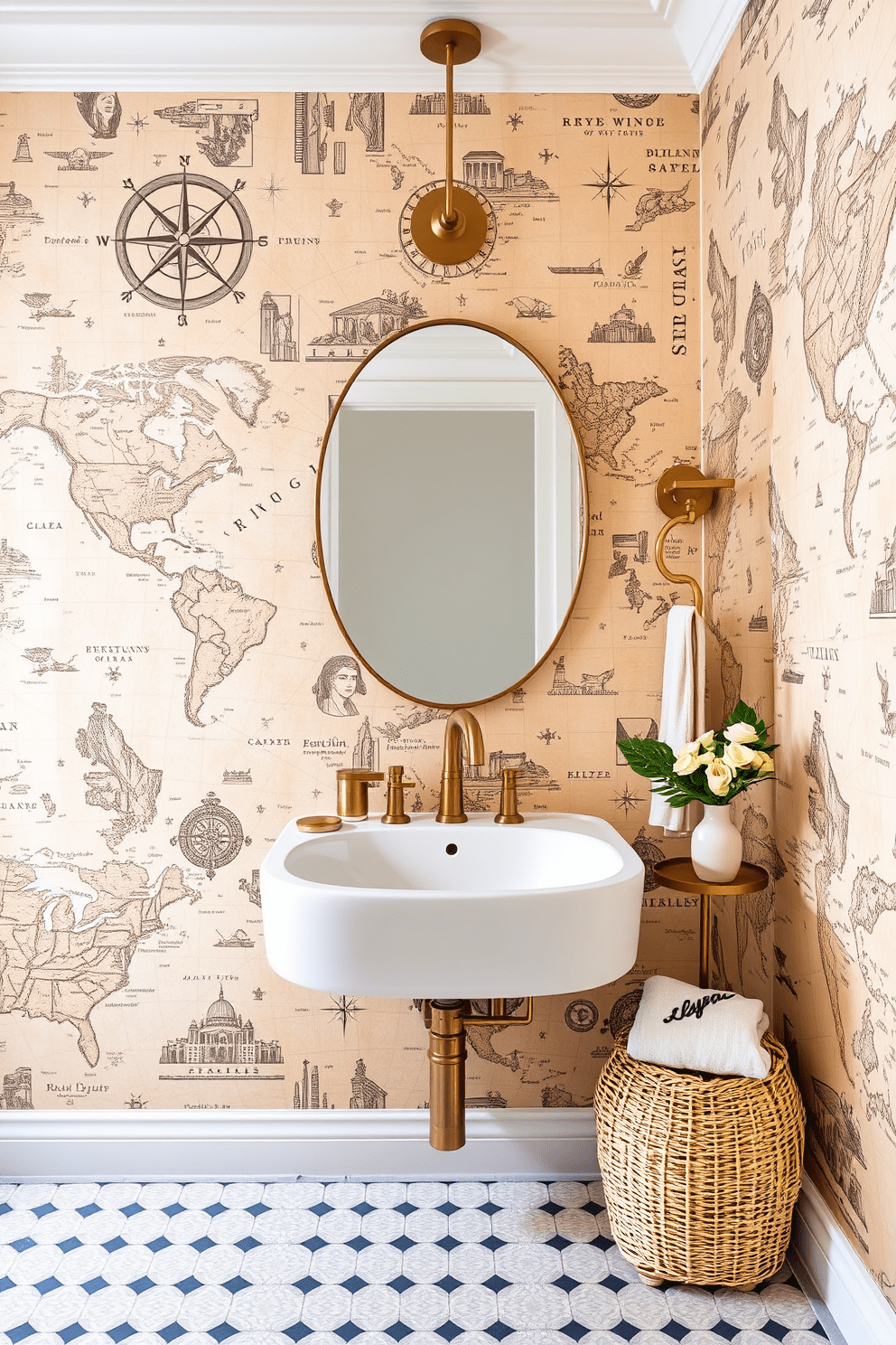 A vintage travel map wallpaper design that evokes a sense of wanderlust. The wallpaper features intricate illustrations of old-world maps with compass roses and vintage landmarks in soft, muted colors. The design incorporates a subtle texture that adds depth and character to the bathroom space. Accents of gold or brass fixtures complement the nostalgic theme, creating a harmonious blend of adventure and elegance.