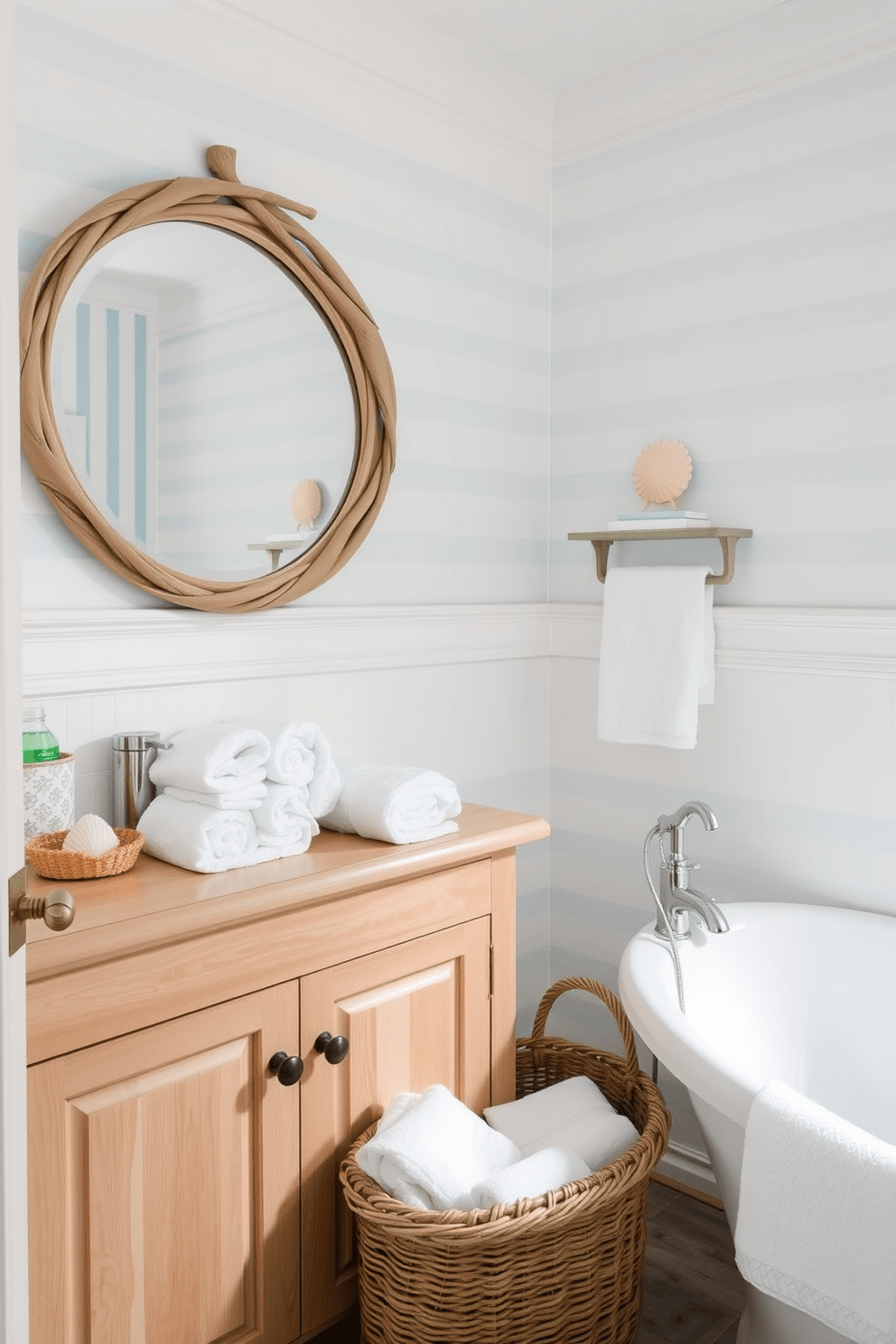 A serene bathroom setting featuring nautical stripes in soft blue and white tones. The wallpaper creates a refreshing beachy vibe, complemented by decorative seashell accents and a light wood vanity. The space includes a round mirror with a driftwood frame, enhancing the coastal theme. A woven basket filled with fluffy white towels sits beside the bathtub, adding texture and warmth to the design.