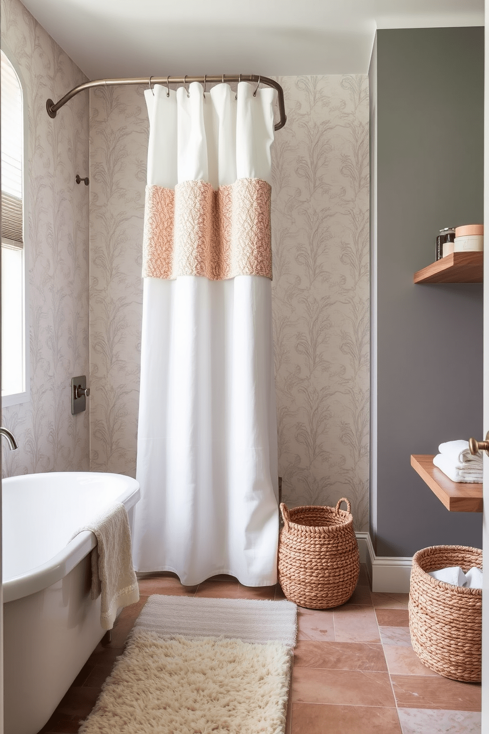 A beautifully layered bathroom featuring a combination of textures that create visual interest. The walls are adorned with an elegant wallpaper showcasing a subtle floral pattern, complemented by a plush textile accent on the shower curtain. The flooring is a mix of natural stone tiles and a soft area rug that adds warmth. Decorative elements include a textured woven basket and a sleek wooden shelf displaying curated bath accessories.