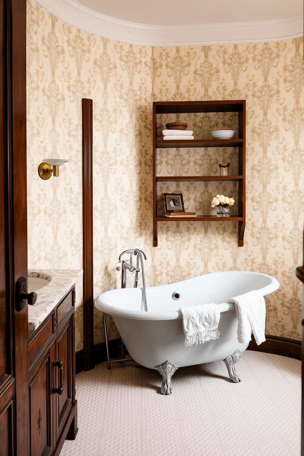 A vintage damask wallpaper design adorns the bathroom walls, creating an elegant and timeless atmosphere. The intricate patterns in soft cream and muted gold add a classic touch, enhancing the overall sophistication of the space. The wallpaper is complemented by a freestanding clawfoot bathtub, inviting relaxation and indulgence. Rich wooden accents in the vanity and shelving provide warmth and contrast, making the vintage elements stand out beautifully.