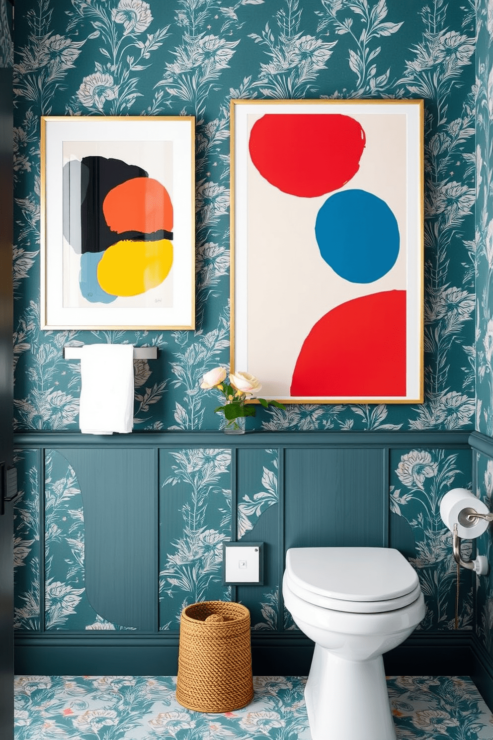 Abstract art prints for a contemporary look. The prints feature bold colors and geometric shapes, creating a vibrant focal point on the walls. Bathroom wallpaper design ideas. Consider a subtle floral pattern in soft tones to add warmth and elegance to the space.