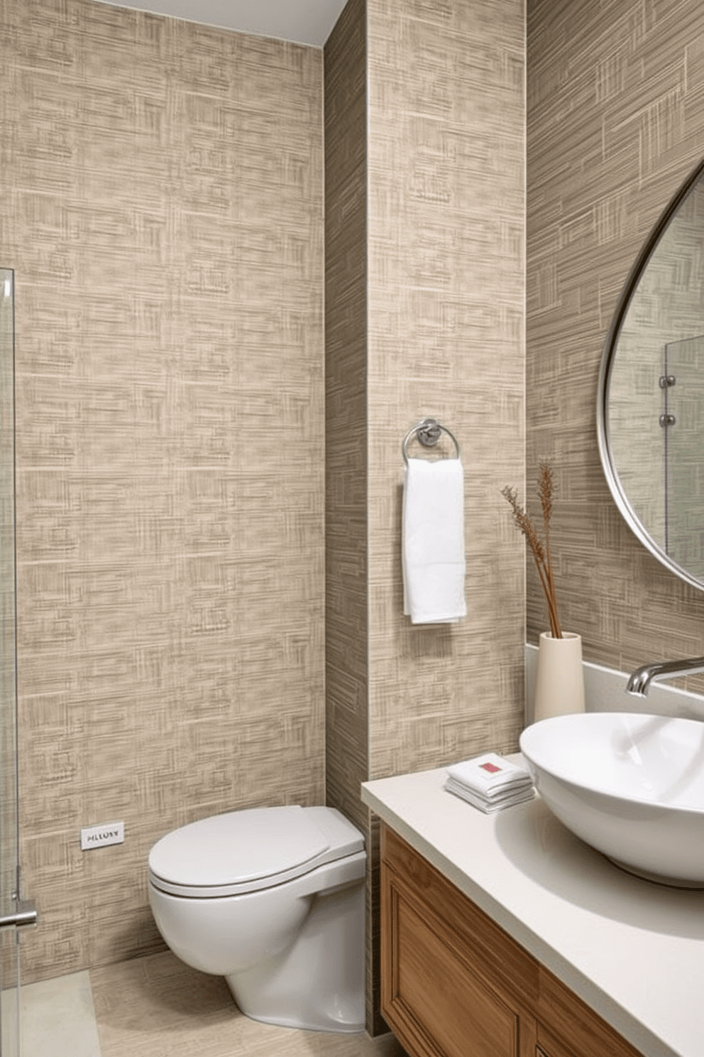 Textured grasscloth wallpaper creates an inviting atmosphere in the bathroom. The subtle variations in color and texture add depth and sophistication to the space. Incorporate complementary elements such as sleek fixtures and natural wood accents. This design choice enhances the overall aesthetic, making the bathroom feel both luxurious and cozy.