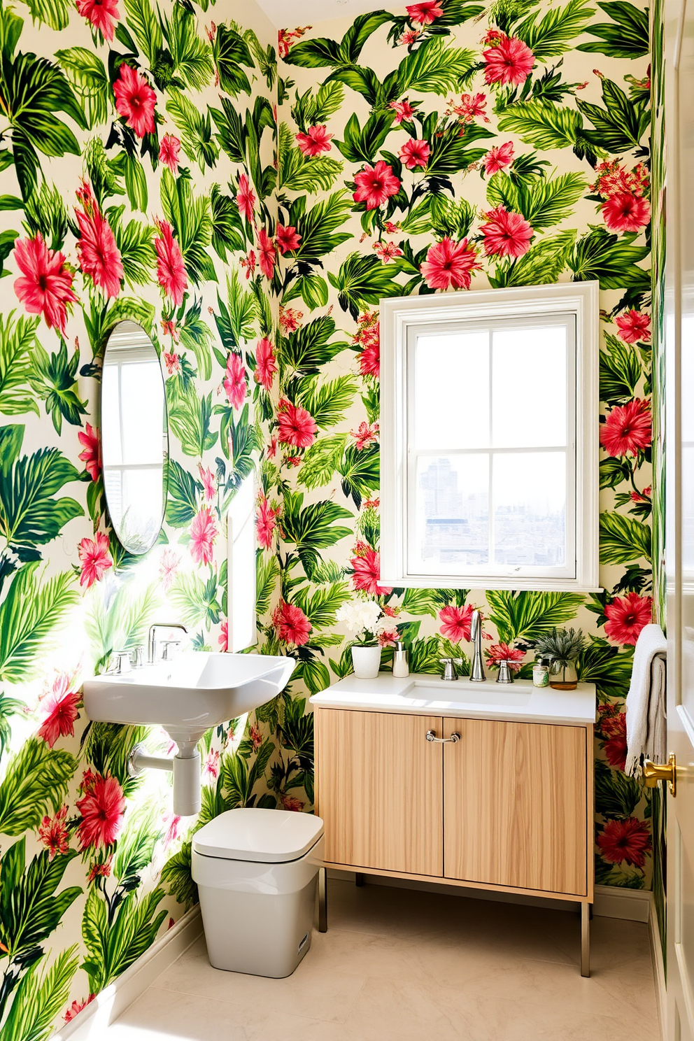 Bright tropical prints adorn the walls, creating a lively and vibrant atmosphere in the bathroom. The wallpaper features lush green leaves and colorful flowers, bringing the essence of a tropical paradise indoors. Complementing the wallpaper, sleek white fixtures and a light wood vanity enhance the fresh and airy feel of the space. Natural light floods in through a large window, illuminating the cheerful patterns and inviting a sense of relaxation and joy.