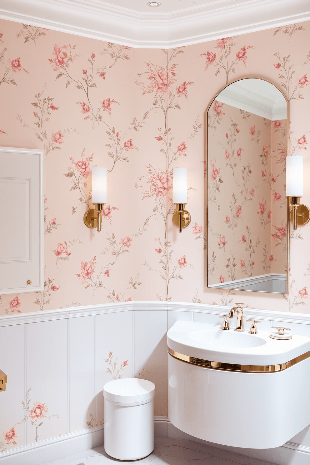 A luxurious bathroom featuring soft pastel wallpaper adorned with delicate floral patterns. The walls are complemented by subtle metallic accents in the fixtures, creating an elegant and cohesive look. The wallpaper incorporates hints of gold and silver, adding a touch of sophistication to the space. A sleek vanity with a glossy finish and a large mirror enhances the overall brightness and charm of the room.