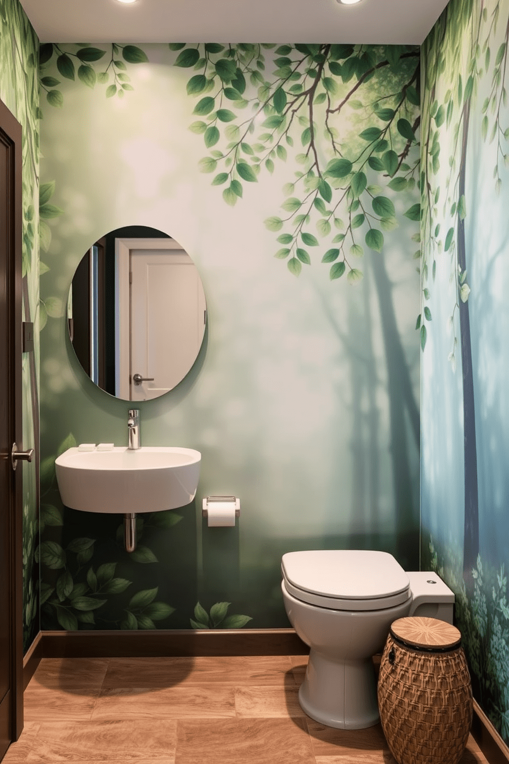 Nature inspired murals create a serene escape with soft hues of green and blue depicting tranquil forest scenes. The wallpaper features delicate leaf patterns that evoke a sense of calm and connection to the outdoors, perfect for a relaxing bathroom atmosphere. The design incorporates subtle textures that mimic natural materials like wood and stone. This creates a harmonious environment where one can unwind and rejuvenate amidst nature's beauty.