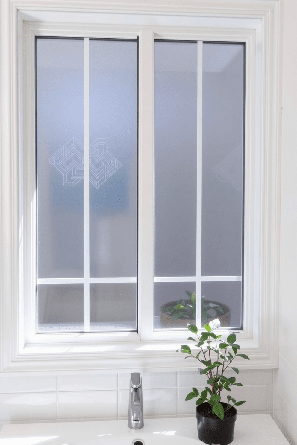 A modern bathroom window design featuring frosted glass panels that provide privacy while allowing natural light to filter through. The window is framed with sleek white trim, complementing the contemporary aesthetic of the space. The frosted glass is adorned with subtle geometric patterns that add visual interest without compromising privacy. Below the window, a small potted plant brings a touch of greenery to the serene bathroom atmosphere.