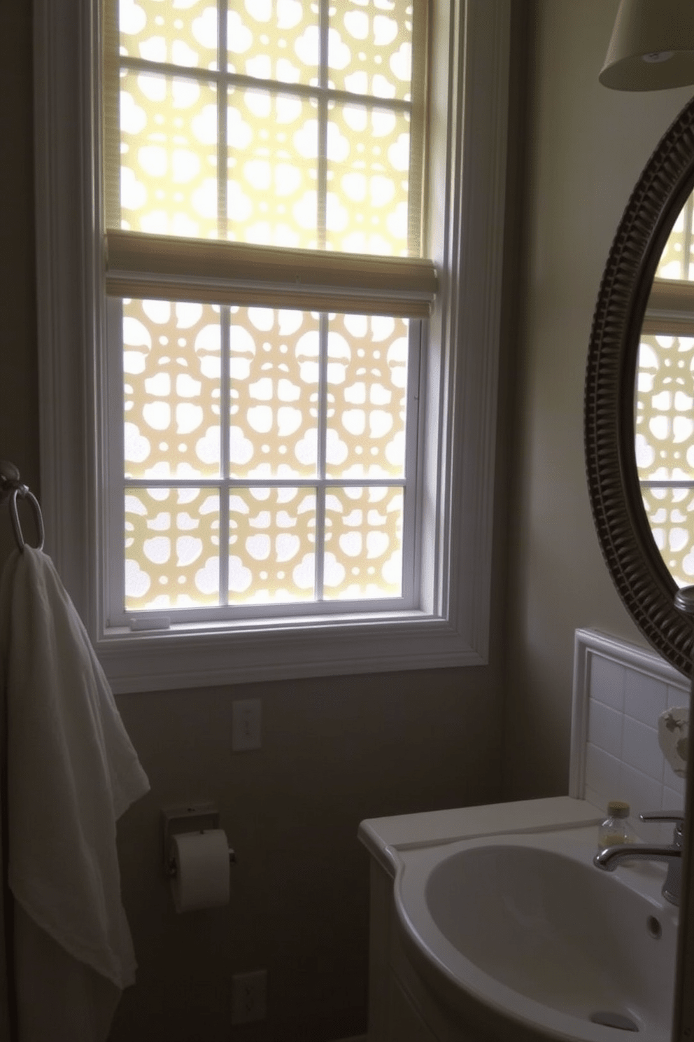 Lattice window treatments add a unique texture to the bathroom, enhancing the overall aesthetic while allowing natural light to filter through. The design features elegant lattice patterns that create a soft, diffused light effect, making the space feel warm and inviting. Incorporating these treatments into bathroom window design ideas can elevate the room's style and functionality. The interplay of light and shadow from the lattice creates a dynamic visual interest, complementing other design elements in the space.