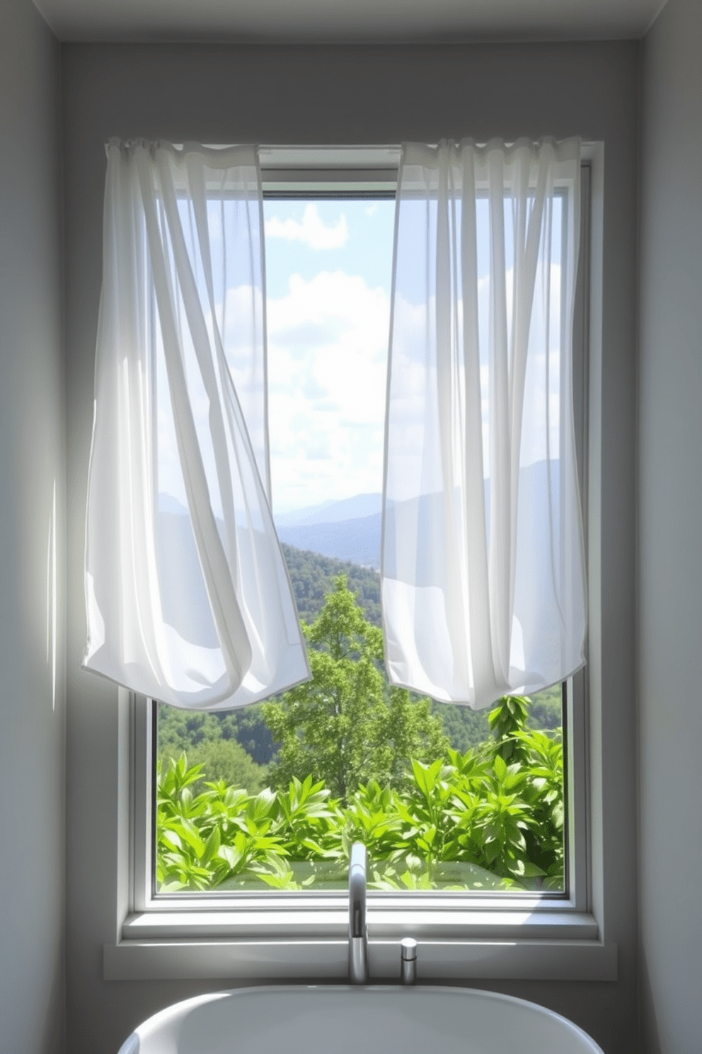 A picture window frames a breathtaking outdoor view, allowing natural light to flood the bathroom. The window is adorned with sheer white curtains that gently sway with the breeze, enhancing the tranquil atmosphere. The window design features a sleek, minimalist frame that complements the modern aesthetic of the space. Surrounding the window, lush greenery is visible, creating a seamless connection between the indoors and nature.