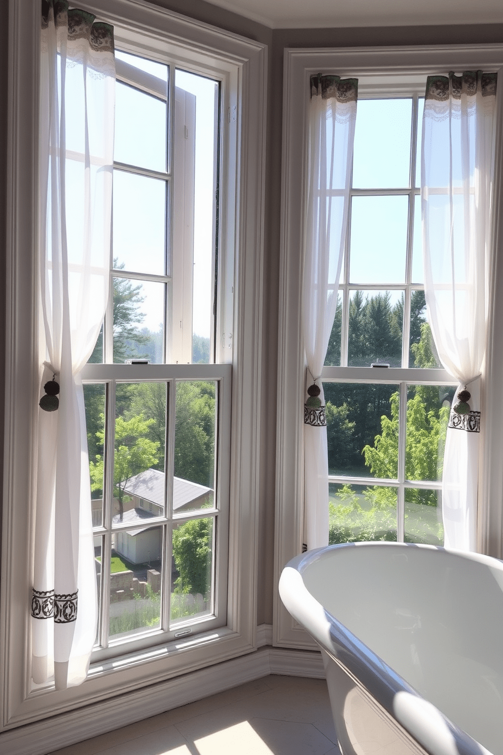 A bright and airy bathroom featuring large casement windows that open outward for easy ventilation. The windows are framed in white wood, allowing natural light to flood the space and enhance the serene atmosphere. The view outside includes lush greenery, creating a peaceful connection with nature. Decorative sheer curtains adorn the windows, providing privacy while still allowing light to filter through.