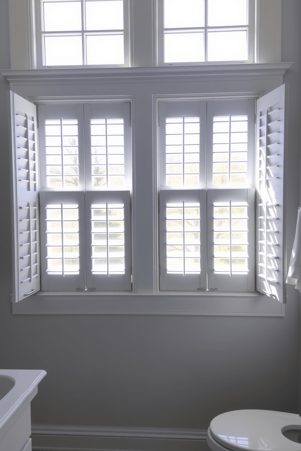 A traditional style bathroom features double-hung windows that allow natural light to flood the space. The windows are adorned with elegant white shutters, enhancing the classic aesthetic while providing privacy when needed.