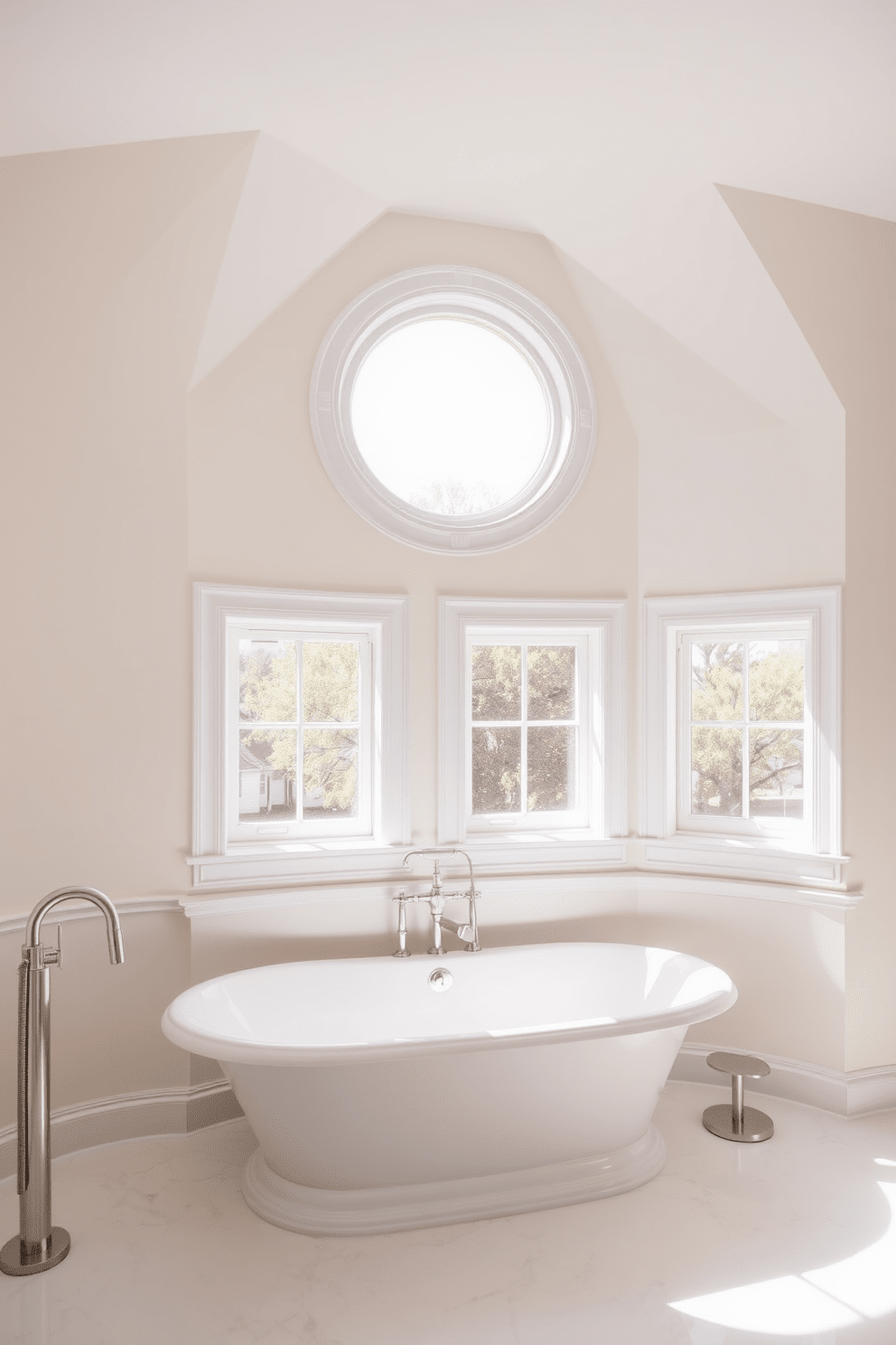 A serene bathroom featuring round windows that create a unique architectural interest. The windows are framed in white, allowing natural light to flood the space and enhance the airy atmosphere. The walls are painted in a soft pastel hue, complementing the elegant fixtures throughout. A freestanding bathtub sits beneath one of the round windows, providing a perfect view of the outdoors while offering a luxurious bathing experience.