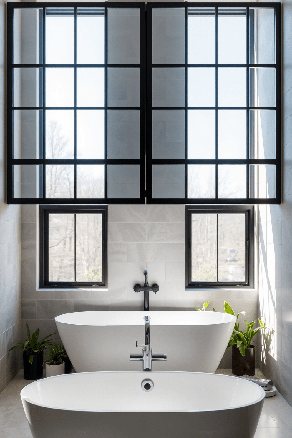 A modern bathroom featuring vertical sliding windows that allow natural light to flood the space. The windows are framed in sleek black metal, complementing the minimalist design of the bathroom. The walls are adorned with soft gray tiles that create a calming atmosphere. Below the windows, a stylish bathtub sits against the wall, surrounded by potted plants for a touch of greenery.