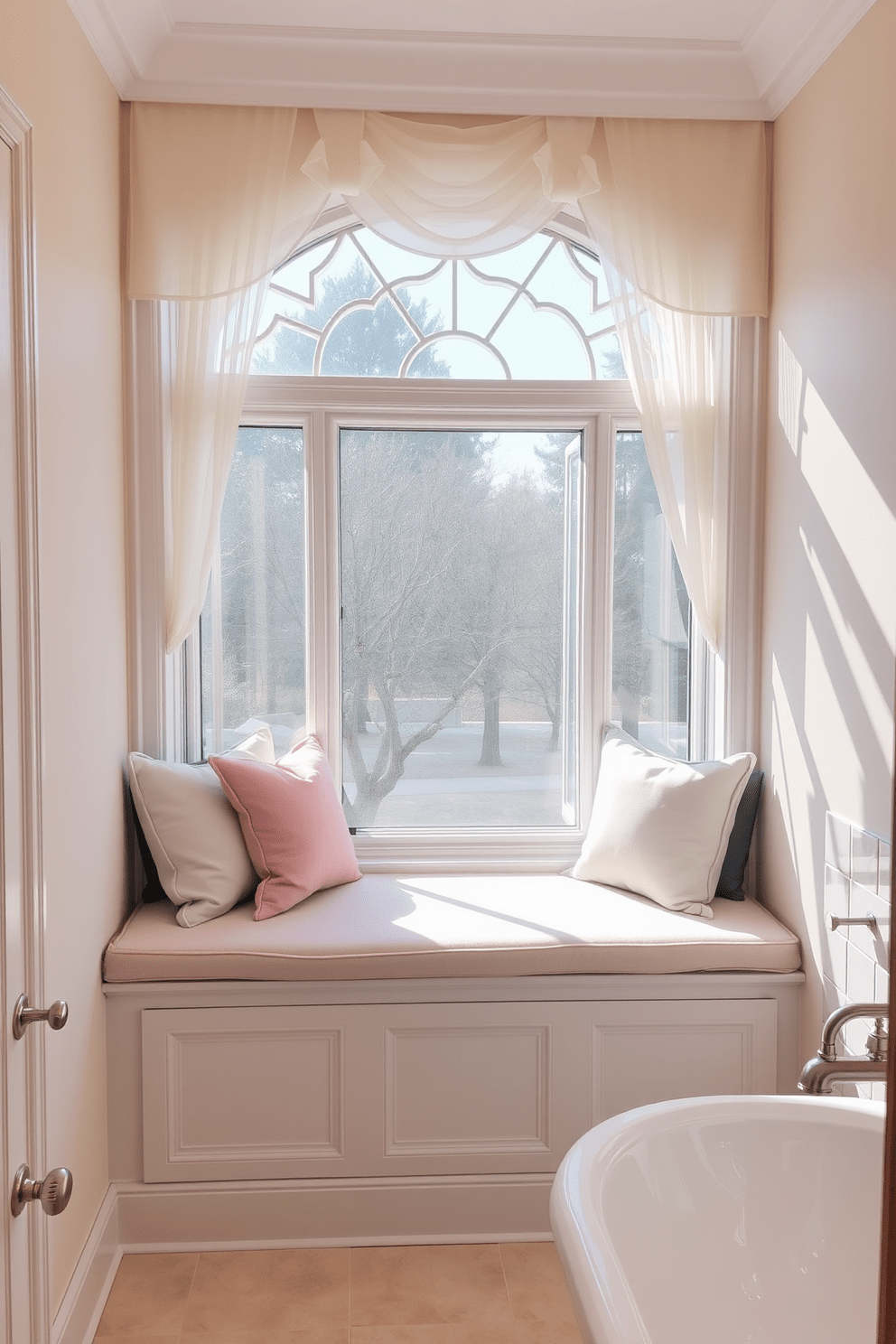 A cozy window seat is nestled into a bay window, adorned with plush cushions in soft pastel colors. Beneath the seat, built-in storage offers a perfect place for books and blankets. The bathroom features a stunning window design that allows natural light to flood the space. Elegant sheer curtains frame the window, complementing the serene color palette of the room.