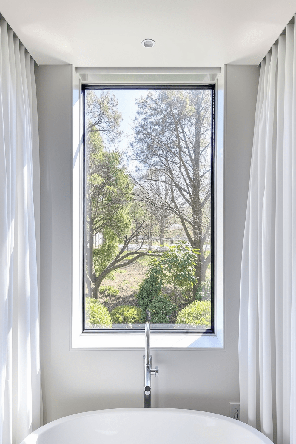 A beautifully designed bathroom featuring a large mirrored window that reflects natural light and creates an illusion of expanded space. The window frame is sleek and modern, complementing the overall aesthetic of the room. The surrounding walls are adorned with soft, neutral tones that enhance the brightness of the space. Elegant sheer curtains drape gracefully on either side, adding a touch of softness while maintaining privacy.