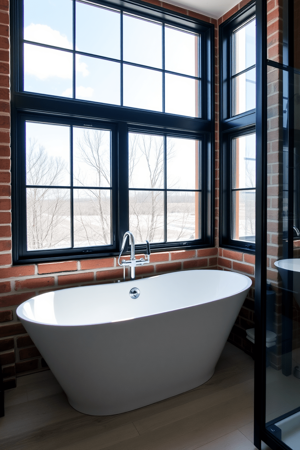 A stylish bathroom featuring black framed windows that enhance the industrial vibe. The windows allow natural light to flood the space, creating a bright and airy atmosphere. The walls are adorned with exposed brick, complementing the modern fixtures and sleek lines. A freestanding tub sits beneath the windows, offering a perfect view of the outdoors while providing a luxurious bathing experience.