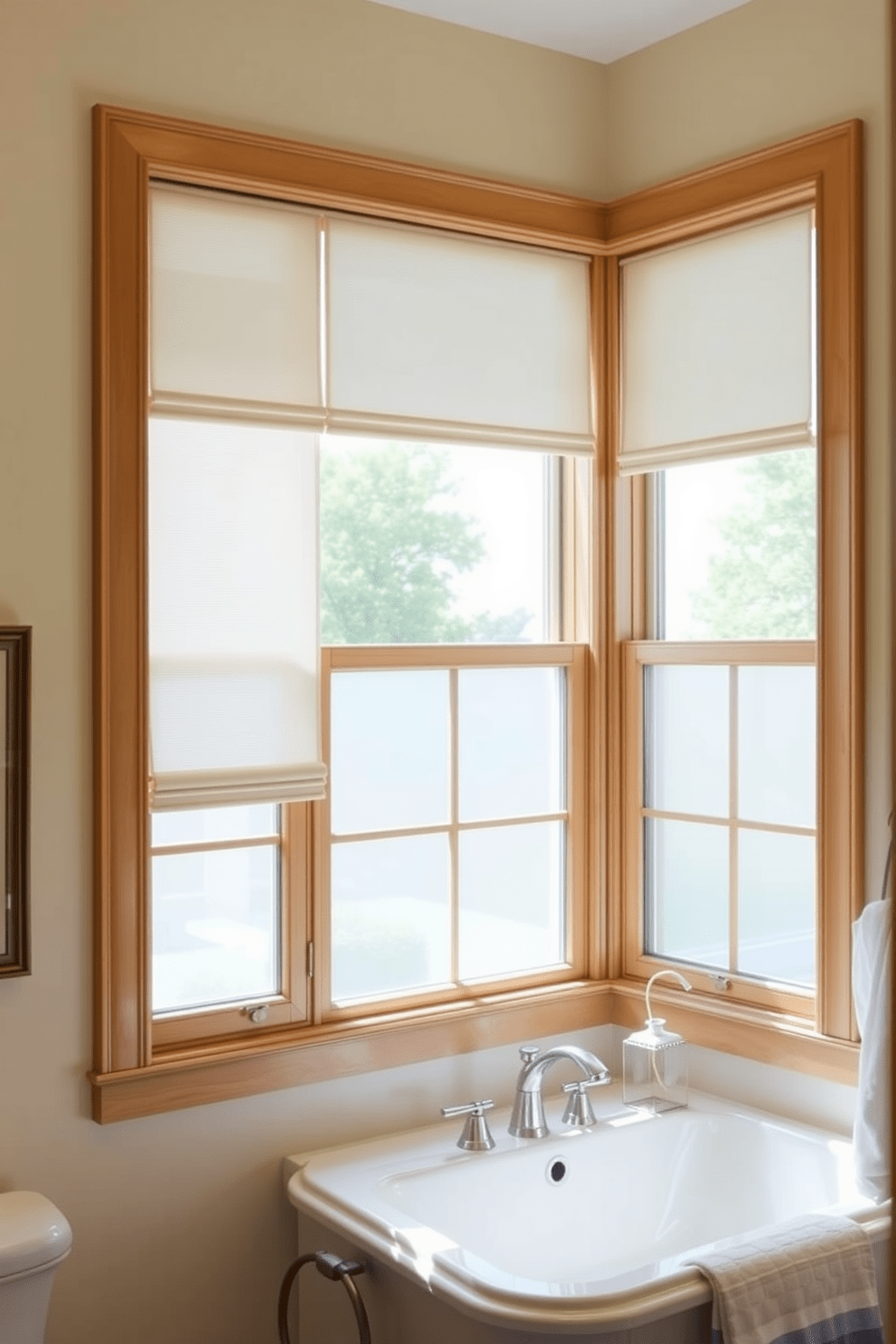 A serene bathroom setting featuring retractable window screens that allow fresh air to flow in. The windows are framed in natural wood, seamlessly blending with the light-colored walls and providing a refreshing view of the outdoors. The design includes frosted glass panes for privacy, enhancing the tranquil ambiance. Soft, natural light filters through the screens, illuminating the elegant fixtures and decor within the space.