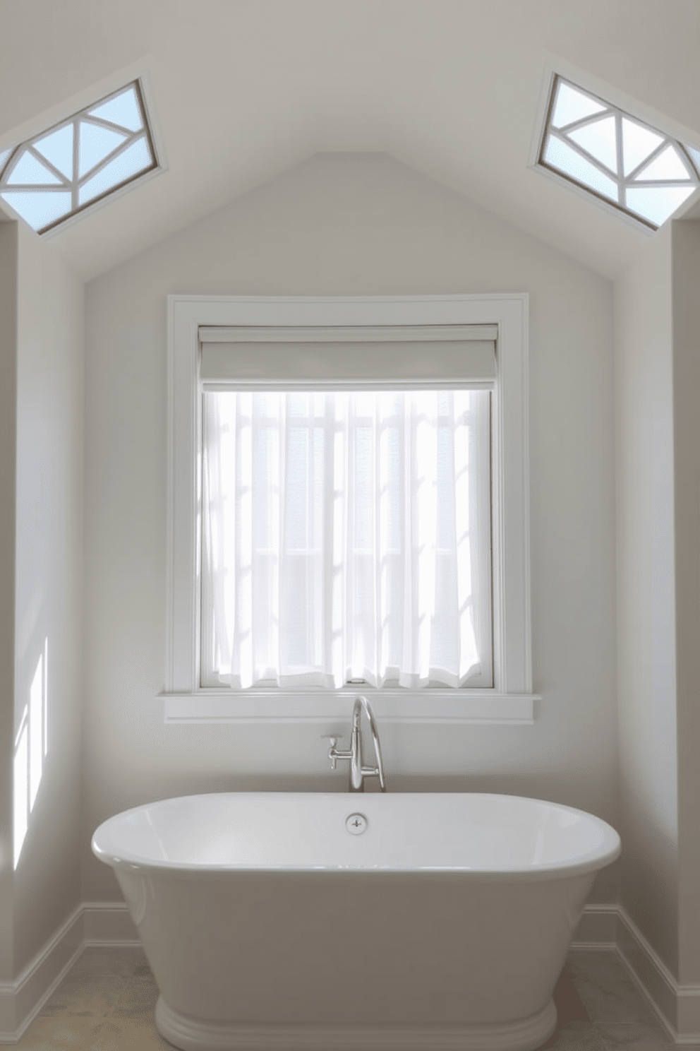 A bright and airy bathroom features elegant transom windows positioned above the main window, allowing natural light to flood the space. The windows are framed in a classic white trim that complements the soft color palette of the room. The main window is adorned with sheer white curtains that gently diffuse the sunlight. Below the window, a sleek bathtub sits against the wall, creating a serene focal point in the bathroom design.