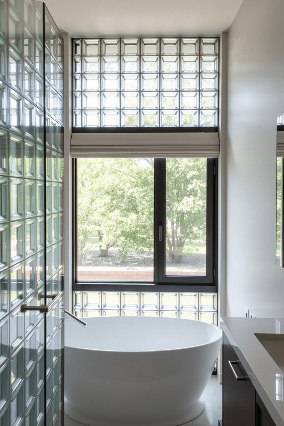 A modern bathroom features a glass block wall that allows natural light to filter through while ensuring privacy. The design incorporates sleek lines and a minimalist aesthetic, with a focus on transparency and lightness. The window design complements the glass block wall, featuring large panes that open to a serene outdoor view. Subtle window treatments enhance the space without obstructing the flow of light.