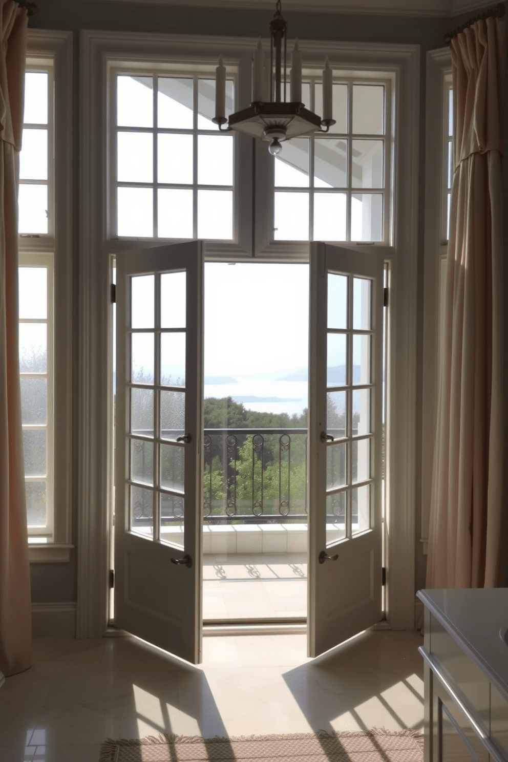 A serene bathroom featuring elegant French doors with window panels that open to a picturesque view. The doors are framed in white, allowing natural light to flood the space and create a bright, airy atmosphere. The window design includes frosted glass for privacy while still maintaining a sense of openness. Soft, neutral curtains drape elegantly on either side, enhancing the overall sophistication of the room.