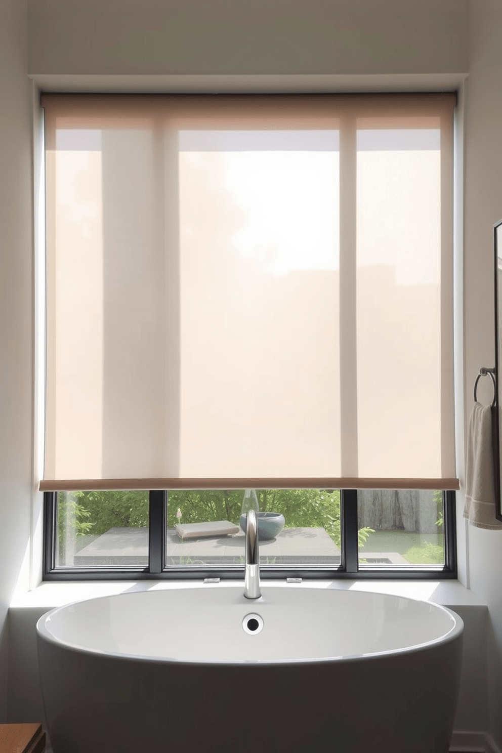 Translucent roller shades gently filter natural light, creating a serene atmosphere in the bathroom. The shades are mounted on a sleek, modern window frame, complementing the overall design aesthetic. The window features a minimalist design, allowing the beauty of the outdoors to blend seamlessly with the interior. Soft, neutral tones in the decor enhance the calming effect of the translucent shades, providing both privacy and elegance.