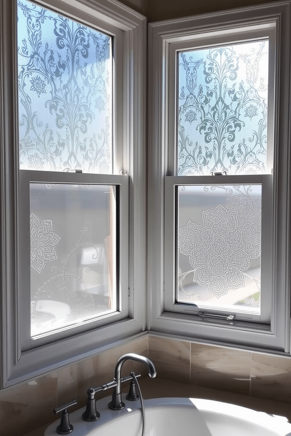 A beautifully designed bathroom window features decorative window film that adds privacy while allowing soft natural light to filter through. The film showcases an intricate floral pattern that complements the overall decor, enhancing the serene ambiance of the space.