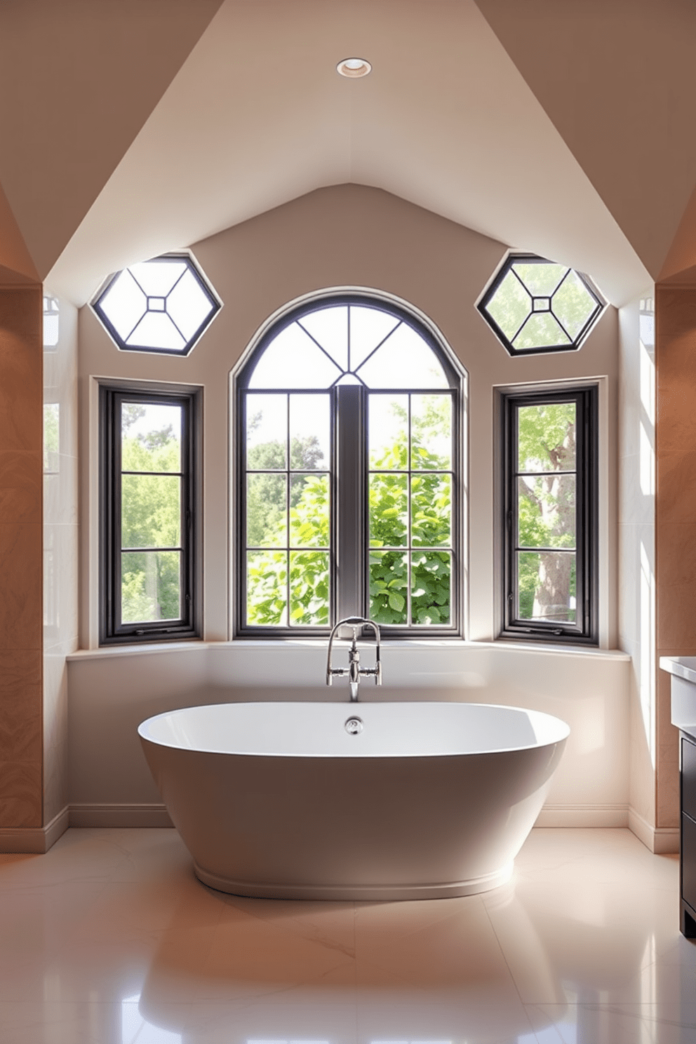 A stunning bathroom features hexagonal windows that bring a unique geometric design to the space. Soft natural light filters through, creating a warm and inviting atmosphere. The walls are adorned with elegant tiles that complement the window shape, adding to the overall aesthetic. A sleek bathtub sits beneath the windows, framed by lush greenery outside, enhancing the serene vibe of the room.