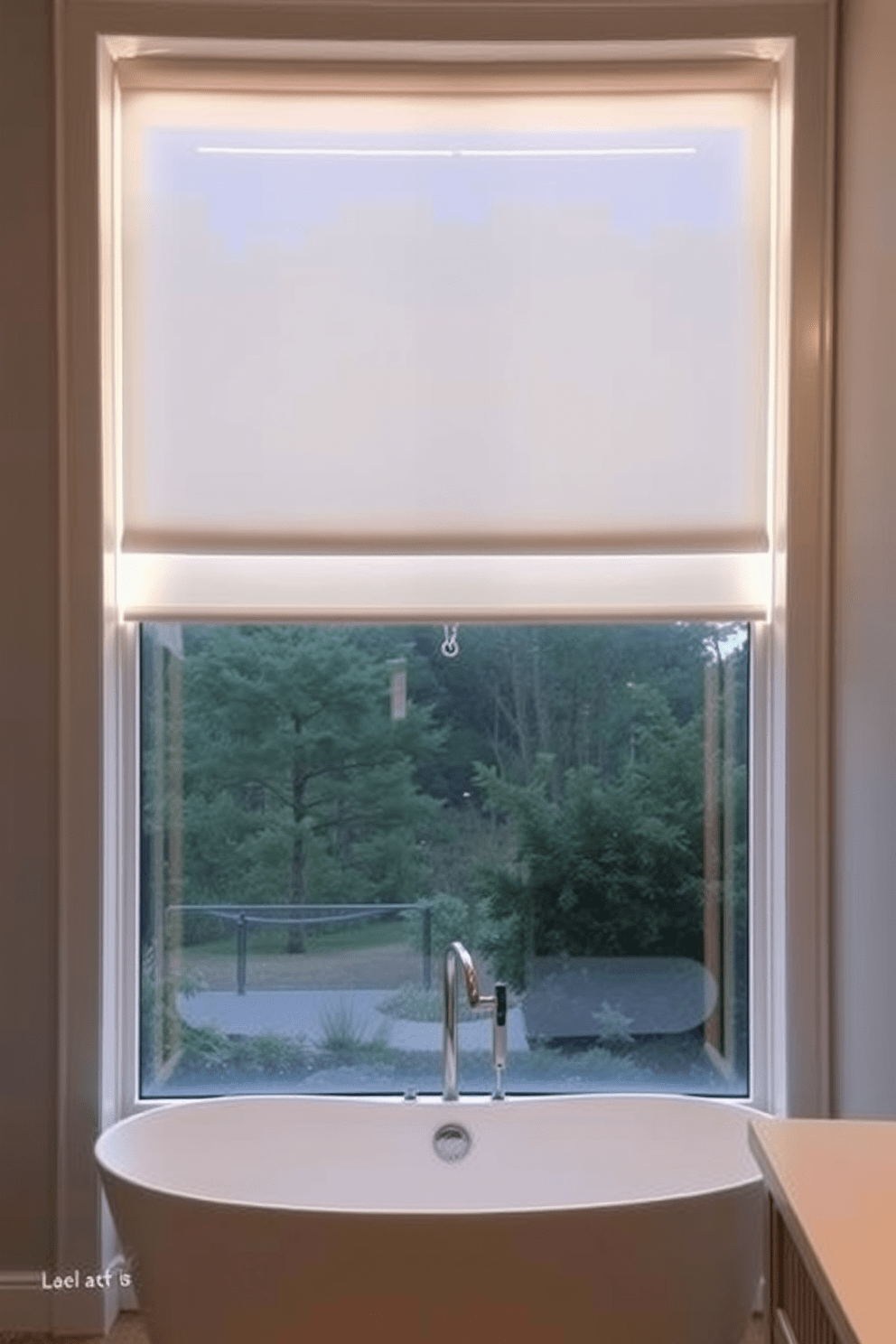 A bathroom window design featuring integrated lighting that enhances natural light during the day. The large window is framed with sleek, minimalist trim and includes built-in LED lights that illuminate the space at night. The window is adorned with sheer white curtains that soften the light while maintaining privacy. Below the window, a stylish bathtub sits, allowing for a serene view of the outdoors while enjoying a relaxing soak.