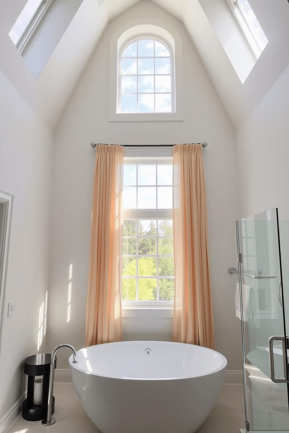 A bright and airy bathroom featuring clerestory windows that allow natural light to flood the space. The windows are strategically placed high on the walls, creating an open and expansive feel while maintaining privacy. The design includes a large soaking tub positioned beneath the clerestory windows, offering a serene view of the sky. Elegant sheer curtains frame the windows, softly diffusing the sunlight and enhancing the tranquil atmosphere.