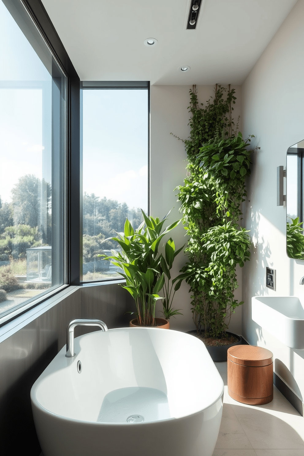 A serene bathroom setting featuring vertical gardens positioned beside large windows. The natural light floods the space, highlighting the lush greenery and creating a tranquil atmosphere. The windows are framed with sleek, modern finishes that complement the overall design. Soft, neutral tones on the walls enhance the feeling of openness and connection to nature.