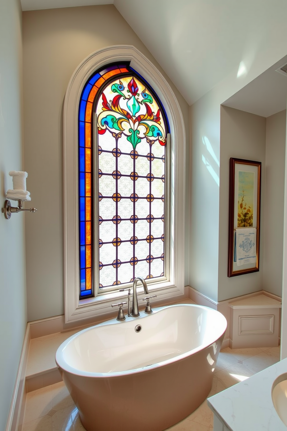 Stained glass accents bring vibrant color and unique charm to bathroom windows. Consider a design featuring intricate patterns that diffuse light beautifully while maintaining privacy. Incorporate a large stained glass window above the bathtub to create a stunning focal point. Surround it with elegant trim that complements the overall aesthetic of the bathroom.