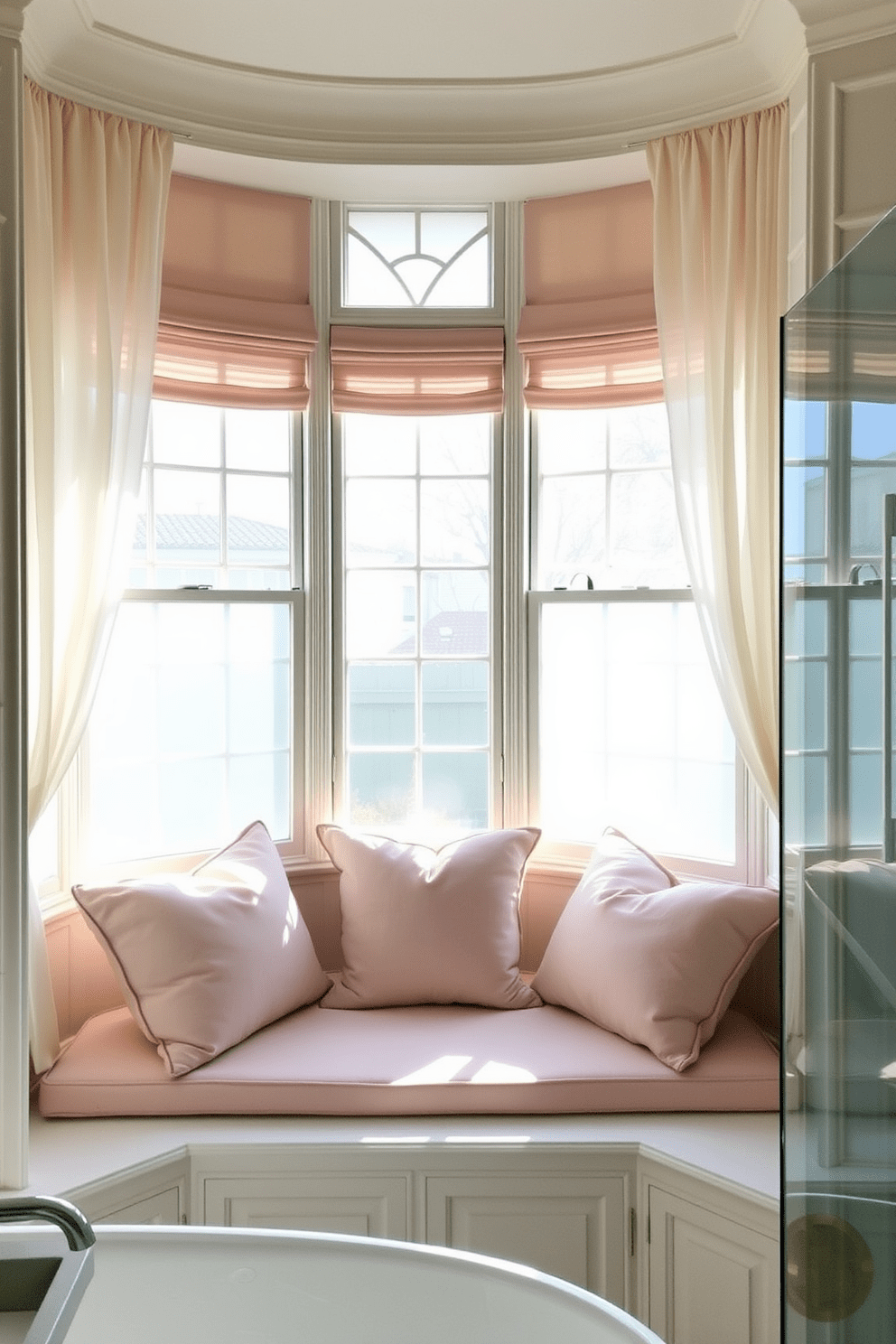 A charming bay window with a built-in seating area, featuring plush cushions in soft pastel colors. Sunlight streams in through the large panes, illuminating the space and creating a cozy reading nook. Elegant bathroom window design ideas that enhance natural light while ensuring privacy. Frosted glass panels and sheer curtains frame the window, adding a touch of sophistication to the overall decor.