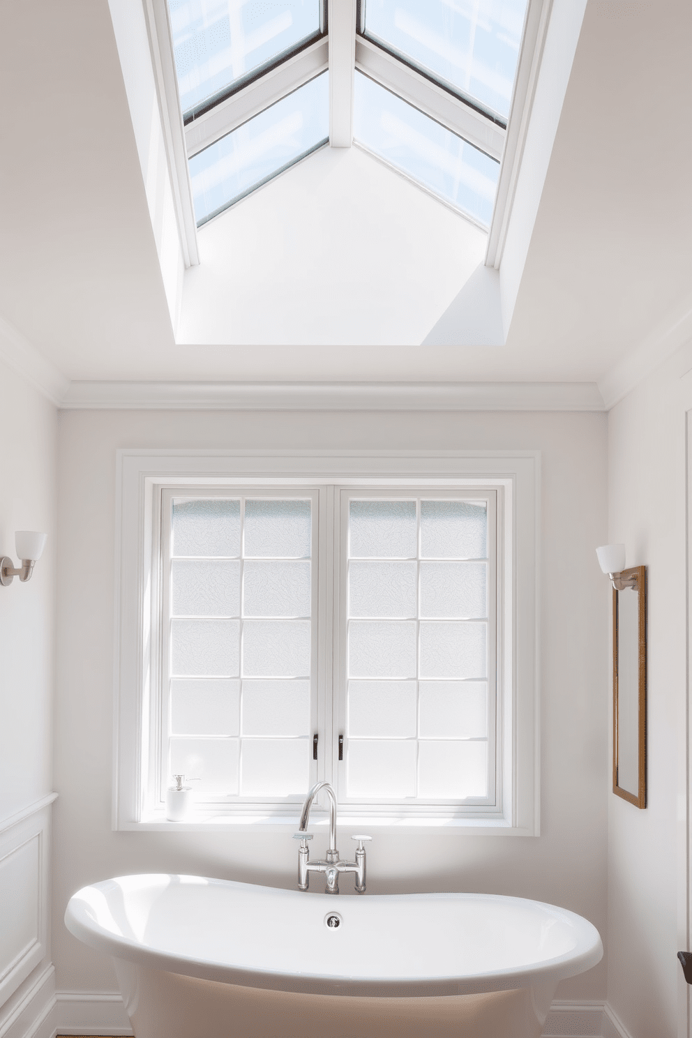 A bright and airy bathroom features a large skylight that floods the space with natural light creating an open and inviting atmosphere. The walls are painted in soft white tones to enhance the brightness while elegant fixtures add a touch of sophistication. Design ideas for bathroom windows include large casement windows that open outward to provide fresh air and unobstructed views. Frosted glass options can be incorporated for privacy while still allowing light to filter through, maintaining a serene and tranquil environment.