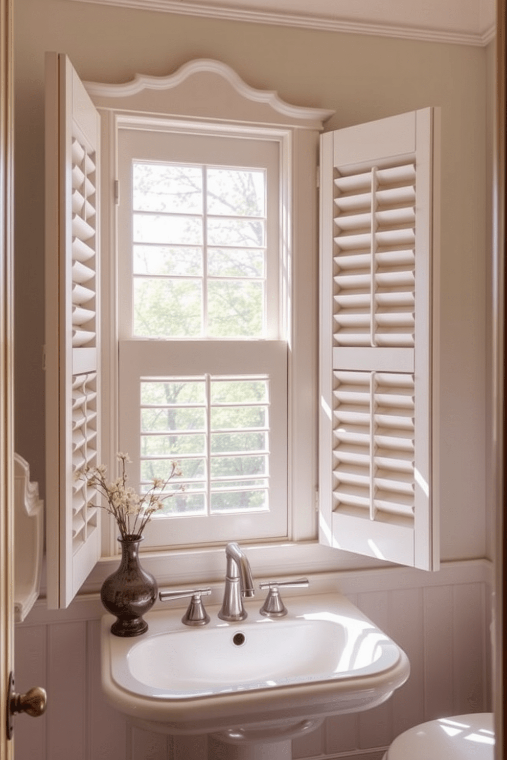 A charming bathroom featuring elegant window shutters that enhance the classic appeal of the space. The shutters are painted in a soft white hue, perfectly complementing the warm tones of the wooden accents throughout the room. Natural light filters through the shutters, creating a serene atmosphere while providing privacy. The window design incorporates decorative trim that adds a touch of sophistication to the overall aesthetic.