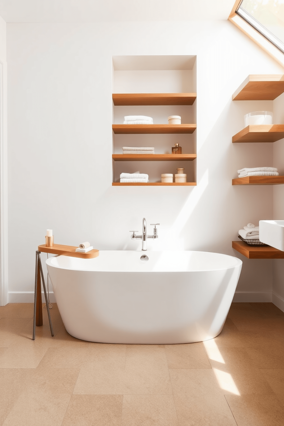 A minimalist bathroom featuring a sleek white freestanding tub with elegant wooden accents. Natural light floods the space, highlighting the warm tones of the wooden shelving and accessories.