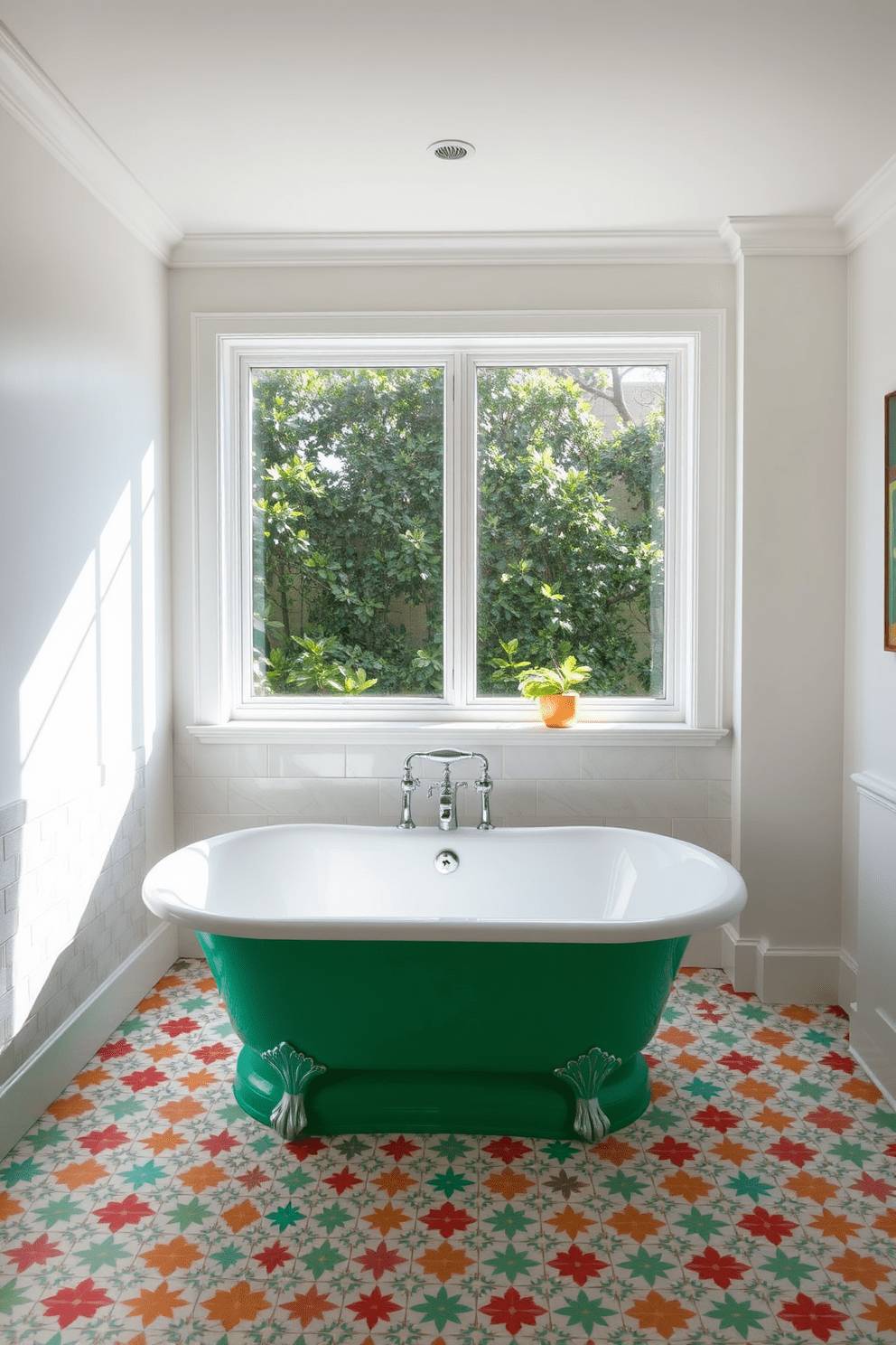 A brightly colored freestanding tub sits at the center of the bathroom, surrounded by playful patterned tiles that create a vibrant atmosphere. The walls are painted in a soft white, allowing the tub's bold hue to stand out, while a large window lets in natural light, enhancing the cheerful ambiance.