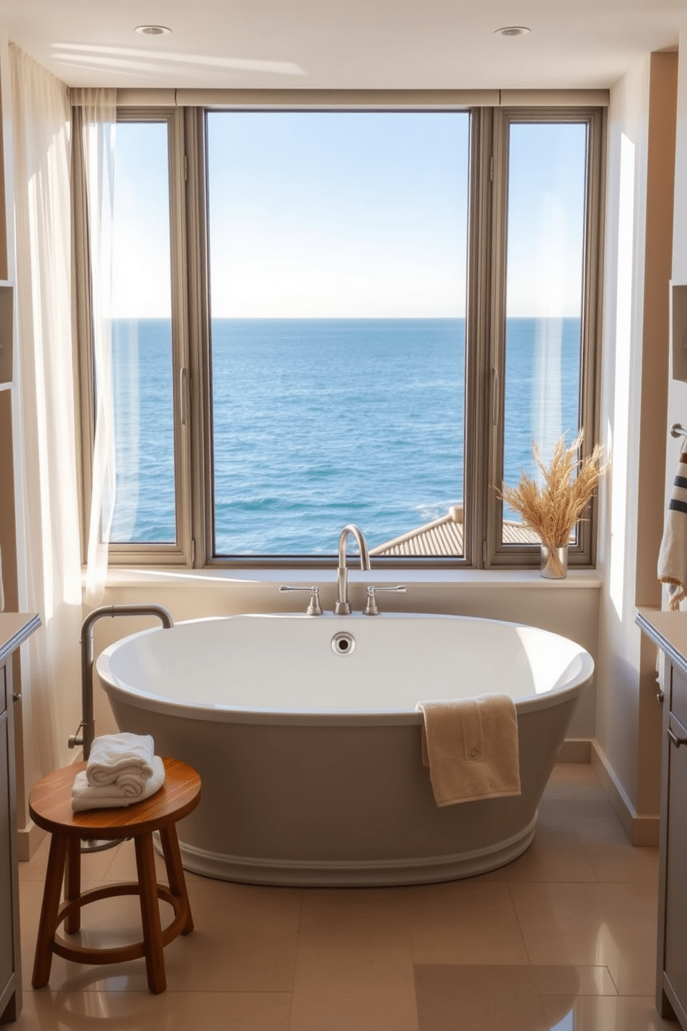 A serene bathroom featuring a luxurious freestanding tub positioned in front of a large window that offers a breathtaking ocean view. The space is adorned with soft, neutral tones and natural materials, creating a tranquil atmosphere perfect for relaxation. The tub is surrounded by elegant fixtures and complemented by a stylish wooden stool holding plush towels. Subtle coastal decor elements enhance the ambiance, while gentle sunlight filters through sheer curtains, illuminating the serene environment.