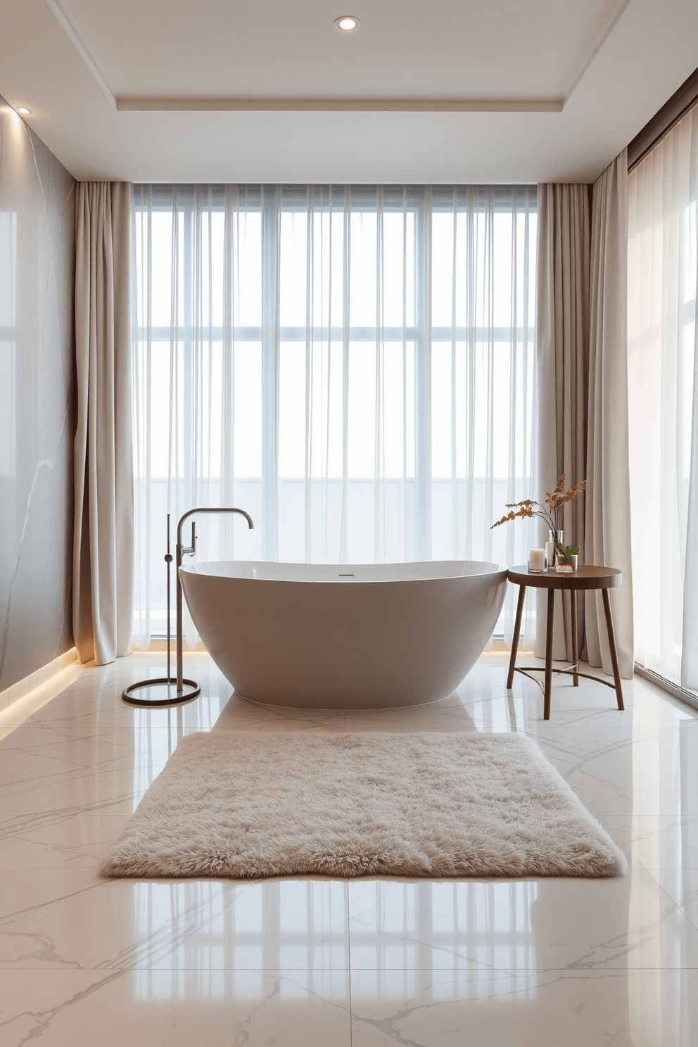 A luxurious soaking tub is the centerpiece of the master suite bathroom, surrounded by elegant marble tiles that extend from the floor to the walls. Soft ambient lighting highlights the tub's curves, while a plush area rug adds warmth and comfort to the space. Next to the tub, a sleek wooden side table holds scented candles and a small plant, creating a serene atmosphere. Large windows dressed with sheer curtains allow natural light to flood the room, enhancing the tranquil retreat feel.