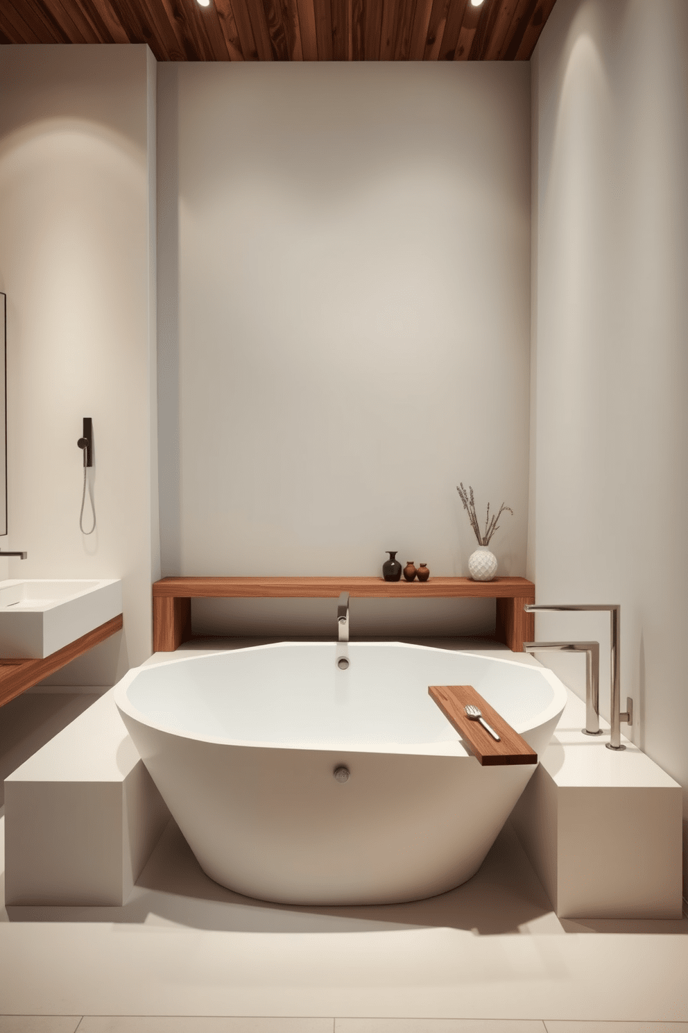 A stunning bathroom featuring a tub with a unique geometric shape that serves as the focal point of the space. The tub is surrounded by elegant fixtures and complemented by a minimalist aesthetic. Soft ambient lighting enhances the tranquil atmosphere, casting gentle shadows on the sleek surfaces. Natural materials like wood and stone are incorporated to create a harmonious balance between modern design and organic elements.