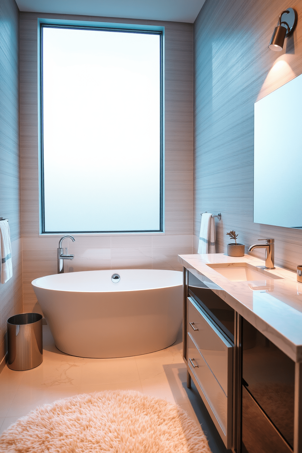 A chic bathroom featuring a freestanding soaking tub positioned elegantly under a large window. The stylish vanity has a sleek design with a polished stone countertop, complemented by modern fixtures and ample storage space. Soft lighting creates a warm ambiance, enhancing the overall sophistication of the space. The walls are adorned with subtle textured wallpaper, while a plush area rug adds comfort underfoot.