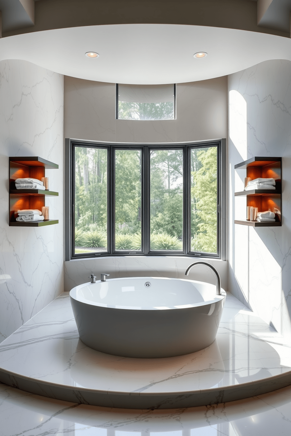 A luxurious bathroom featuring a sunken tub surrounded by elegant marble tiles. The tub is positioned in the center of the room, with soft ambient lighting highlighting its curves. Flanking the tub are sleek wooden shelves that hold plush towels and decorative candles. Large windows allow natural light to flood the space, enhancing the serene atmosphere.