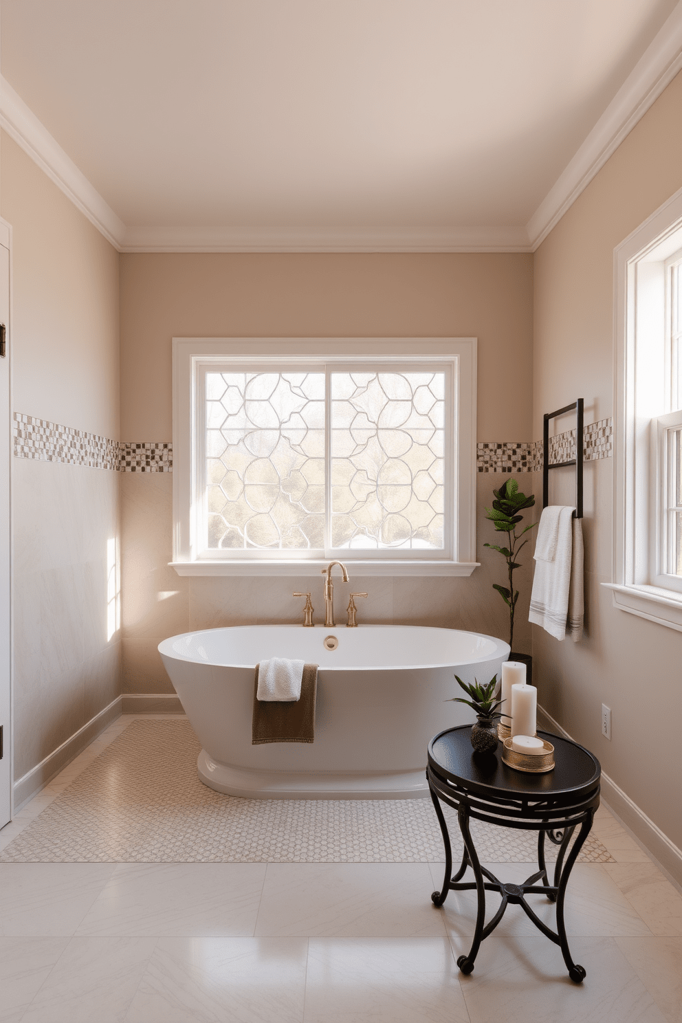 A luxurious bathroom featuring a freestanding tub surrounded by intricate mosaic tile accents. The walls are adorned with soft, neutral tones, creating a serene and inviting atmosphere. Natural light streams in through a large window, highlighting the elegant fixtures and plush towels. A stylish side table next to the tub holds scented candles and a small plant for added tranquility.