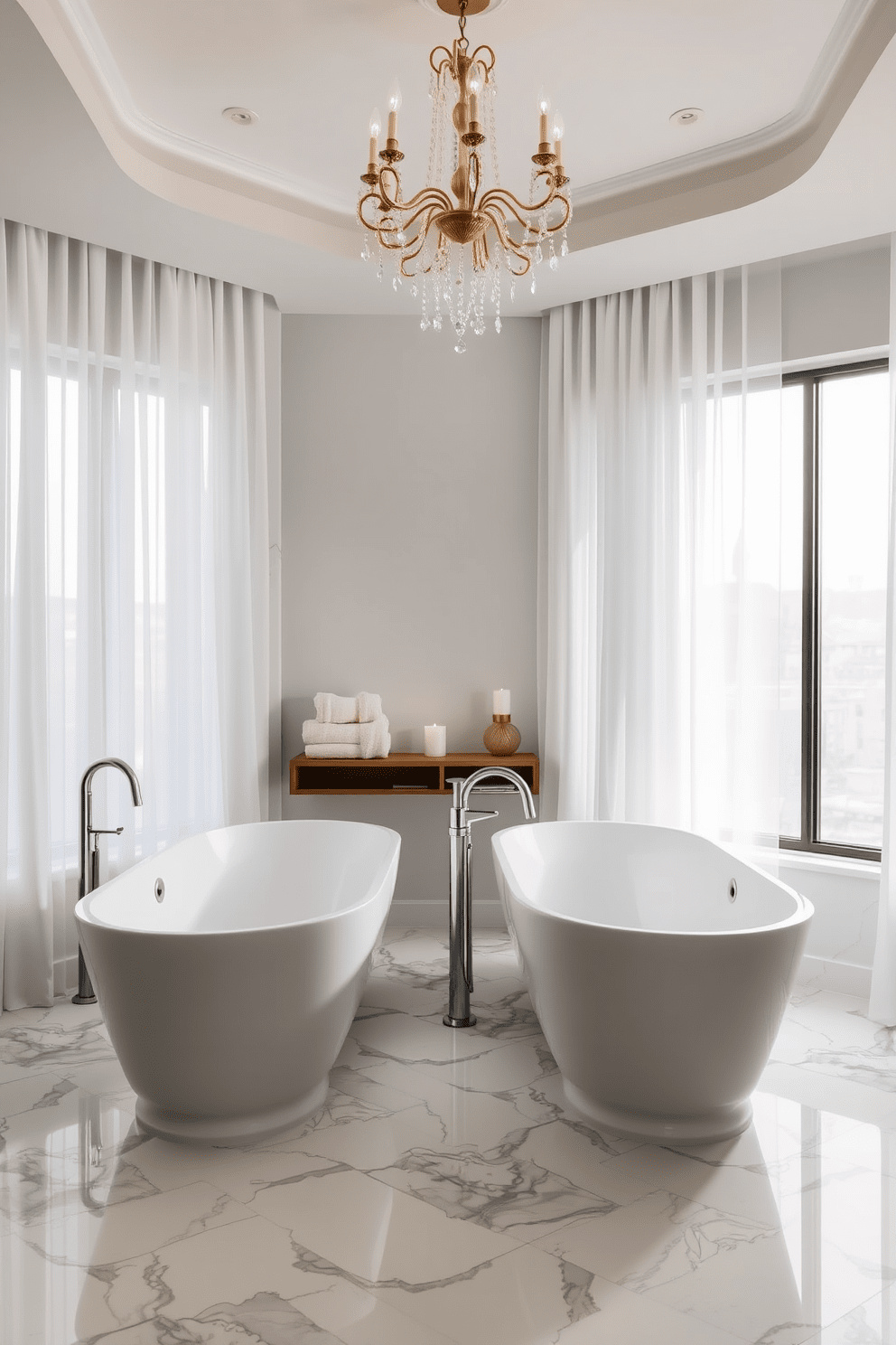 A luxurious dual tub design for a shared bathroom featuring two freestanding bathtubs positioned parallel to each other. The tubs are surrounded by elegant marble tiles, with a stylish chandelier hanging above to enhance the ambiance. The space includes a large window that allows natural light to flood in, complemented by sheer white curtains. A sleek wooden shelf holds plush towels and decorative candles, adding a touch of warmth to the modern aesthetic.