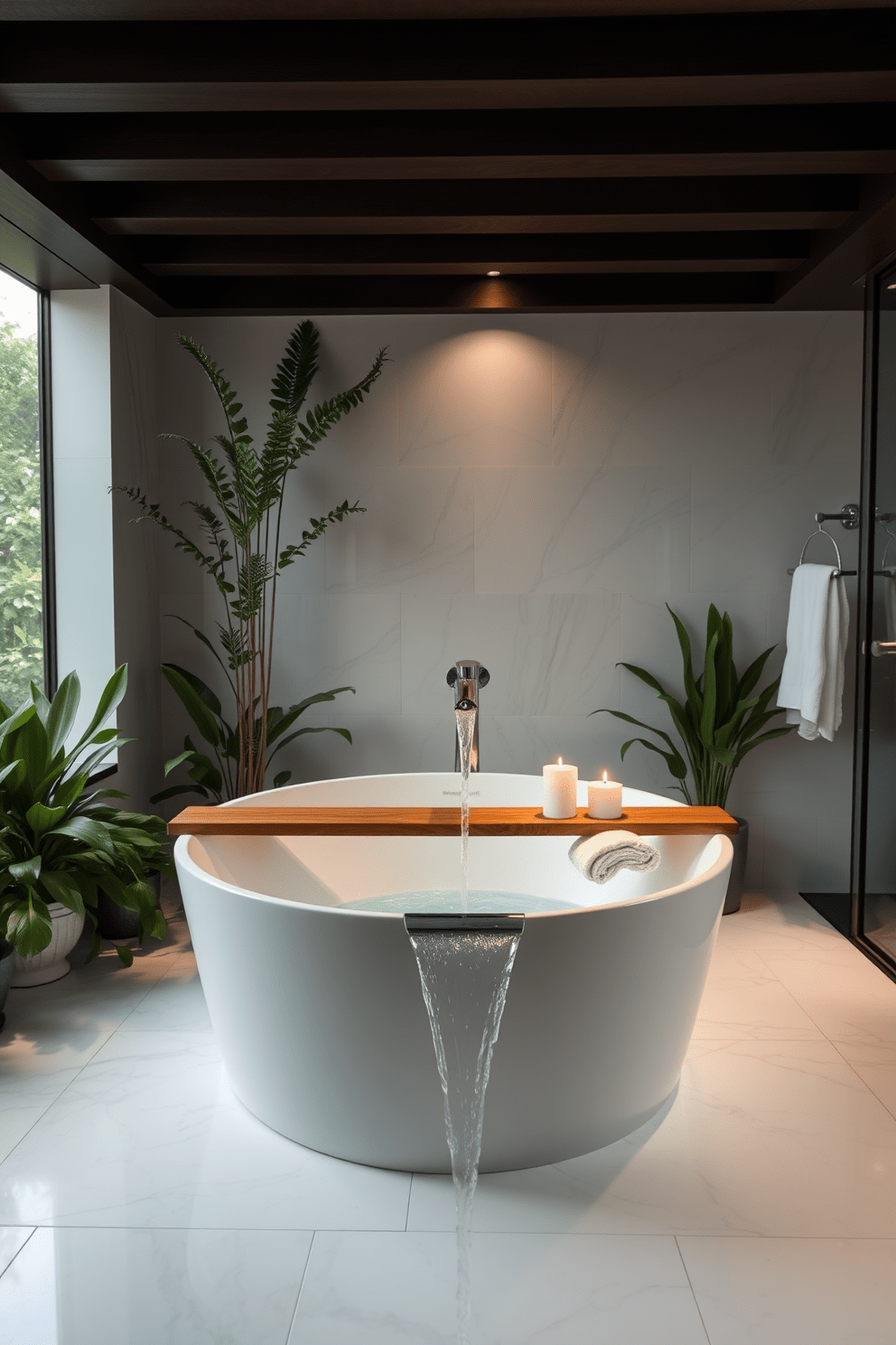 A serene bathroom oasis featuring a freestanding tub with a waterfall faucet that cascades gently into the basin. The space is illuminated by soft, ambient lighting, creating a tranquil atmosphere perfect for relaxation. Surrounding the tub, lush greenery adds a touch of nature, while sleek marble tiles provide an elegant backdrop. A wooden bath tray rests across the tub, adorned with candles and a soft towel for an inviting touch.