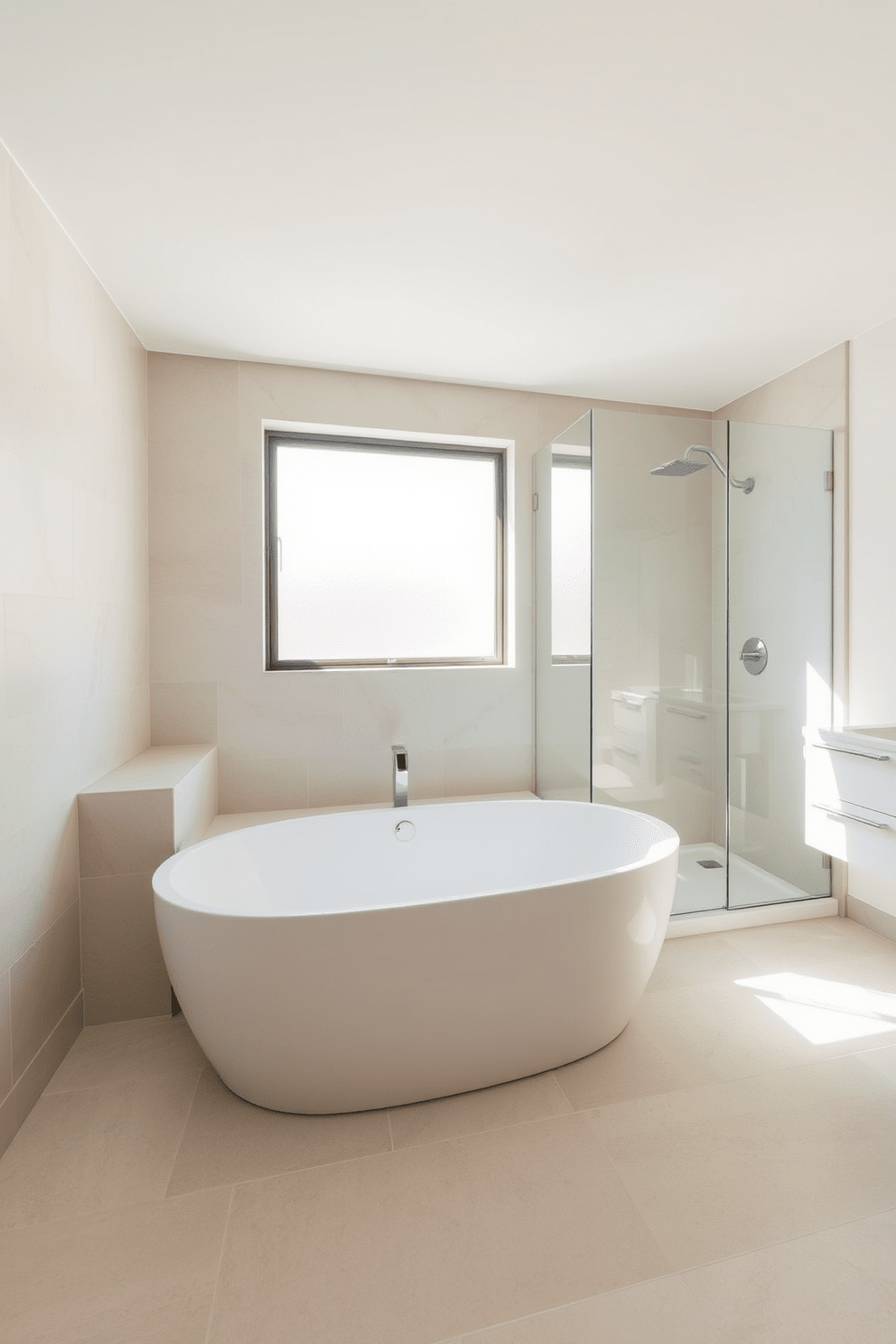 A modern bathroom featuring a sleek tub integrated with a minimalist shower combo. The space is adorned with large format tiles in soft neutral tones, creating a serene and spacious atmosphere. A floating vanity with a simple design complements the tub, providing ample storage without overwhelming the space. Natural light floods the room through a frosted glass window, enhancing the clean lines and contemporary feel.