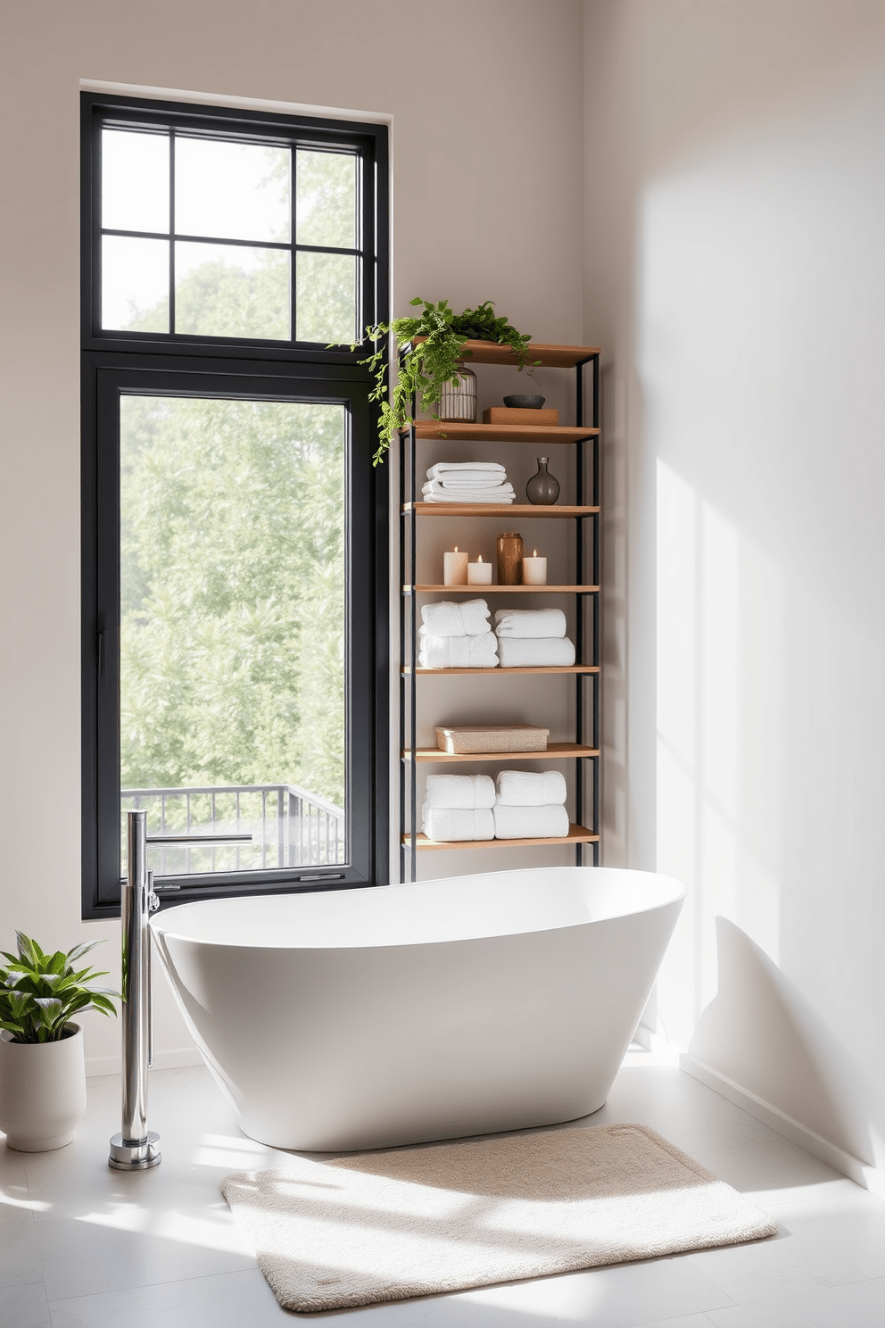 A serene bathroom featuring a freestanding tub positioned next to a large window that allows natural light to flood the space. The tub is elegantly shaped with a modern design, complemented by a sleek floor-mounted faucet and a plush bath mat nearby. The walls are adorned with soft, neutral tones, creating a calming atmosphere. Lush greenery in decorative planters adds a touch of nature, while a stylish shelving unit displays neatly arranged towels and candles.